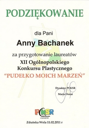 Podzikowanie - XII Oglnopolski Konkurs Plastyczny pt. Pudeko Moich Marze