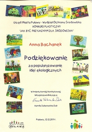 Podzikowanie dla Anny Bachanek - Konkurs plastyczny - Jak by przyjaznym dla rodowiska