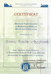 Certyfikat - Muzeum Nadwilaskie w Kazimierzu Dolnym dla Anny Bachanek