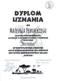 Dyplom uznania dla Mateusza Pdrackiego za trud i przygotowanie woone w przygotowania i realizacj spektaklu 'Skrzydeka'