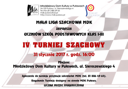 Maa Liga Szachowa MDK zaprasza uczniw klas I-III szk podstawowych do udziau w Turnieju Szachowym