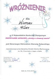 Wyrnienie dla Wiktori Kuny w II Wojewdzkim Konkursie Plastycznym Przystanek Anioowo 'Anioy w zimowej szacie'